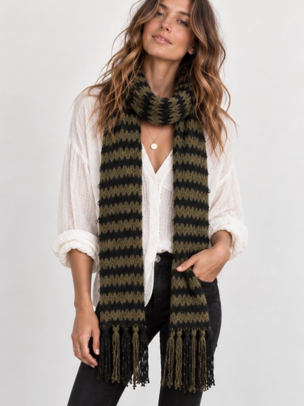Black & Olive Green Distressed Chevron Zig-Zag Striped Knit Scarf EUC